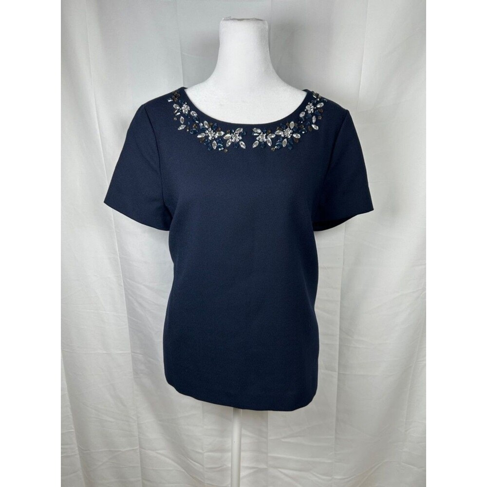 J Crew Navy Blue Wool Blend Blouse Size 10 Embellished Round Neck Preppy Classic